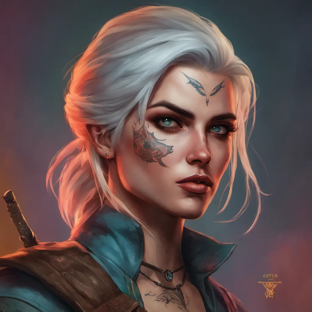 Matte portrait of a colorful tattooed Ciri, 4k, Highly Detailed, Hyper Detailed, Powerful, Artstation, Vintage Illustration, Digital Painting, Sharp Focus, Smooth, Volumetric Lighting, Concept Art by Stanley Artgerm Lau, Greg Rutkowski