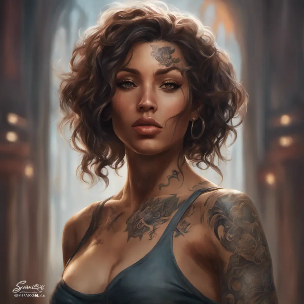 Matte portrait of Samira with tattoos, 8k, Highly Detailed, Powerful, Alluring, Artstation, Magical, Digital Painting, Photo Realistic, Sharp Focus, Volumetric Lighting, Concept Art by Stanley Artgerm Lau, Alphonse Mucha, Greg Rutkowski