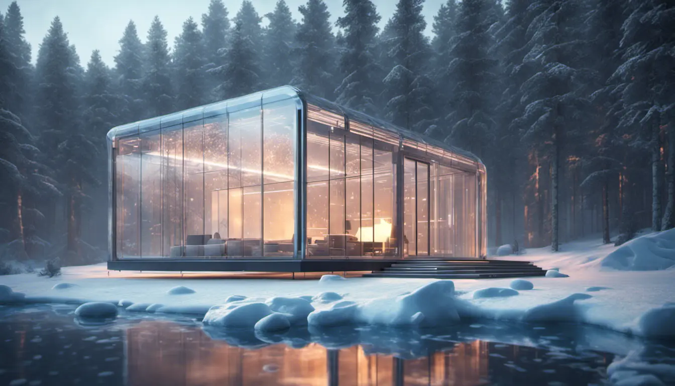 Beautiful futuristic architectural bright lit glass house in the forest on a large frozen lake, 8k, Award-Winning, Highly Detailed, Beautiful, Epic, Octane Render, Unreal Engine, Radiant, Volumetric Lighting by Greg Rutkowski