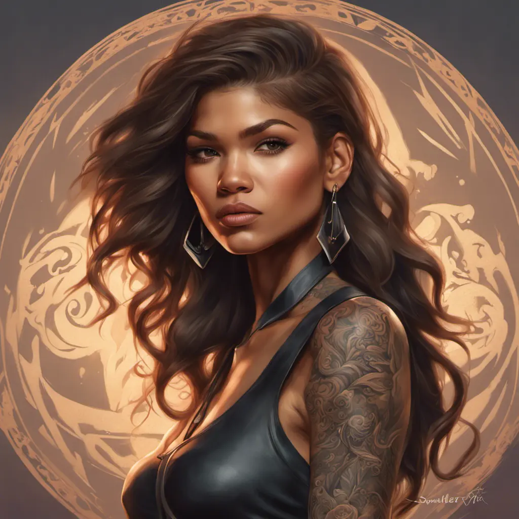 Matte portrait of Zendaya with tattoos, 8k, Highly Detailed, Powerful, Alluring, Artstation, Magical, Digital Painting, Photo Realistic, Sharp Focus, Volumetric Lighting, Concept Art by Stanley Artgerm Lau, Alphonse Mucha, Greg Rutkowski