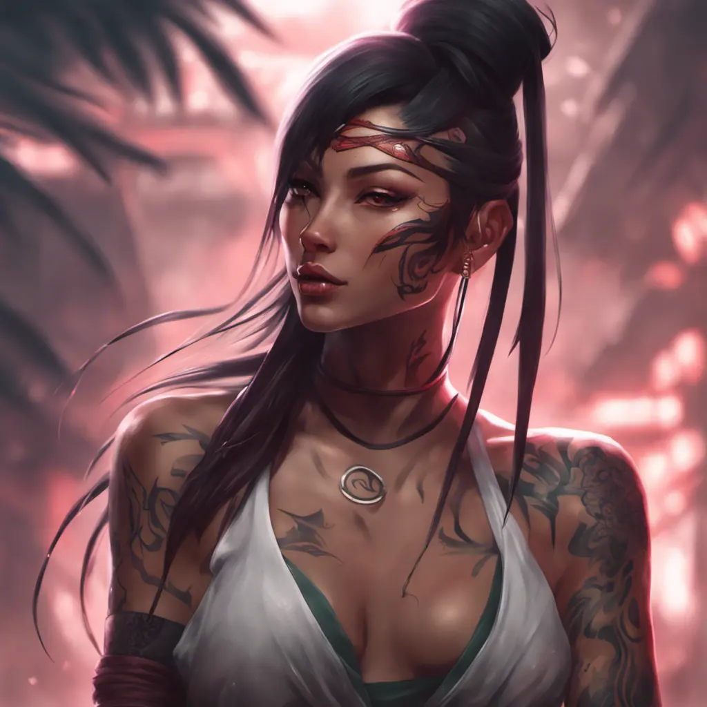 Matte portrait of Akali with tattoos, 8k, Highly Detailed, Alluring, Artstation, Bokeh effect, Sharp Focus, Volumetric Lighting, Concept Art by Stanley Artgerm Lau, Greg Rutkowski