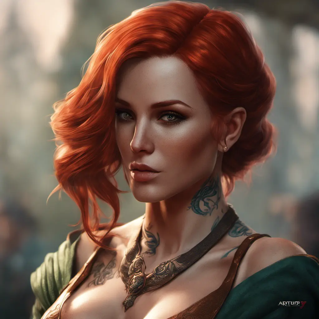 Matte portrait of Triss Merigold with tattoos, 8k, Highly Detailed, Alluring, Artstation, Bokeh effect, Sharp Focus, Volumetric Lighting, Concept Art by Stanley Artgerm Lau, Greg Rutkowski