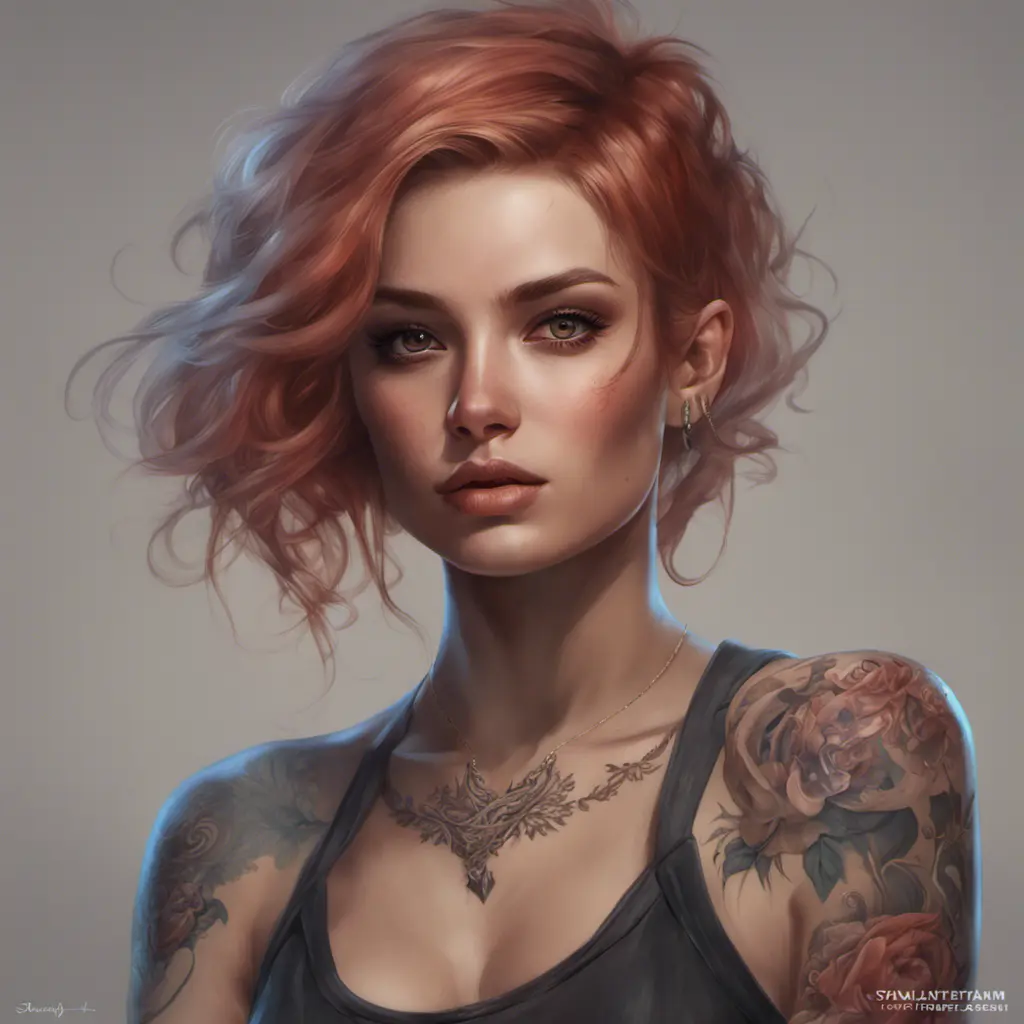 Matte portrait of Quinn with tattoos, 8k, Highly Detailed, Powerful, Alluring, Artstation, Magical, Digital Painting, Photo Realistic, Sharp Focus, Volumetric Lighting, Concept Art by Stanley Artgerm Lau, Alphonse Mucha, Greg Rutkowski