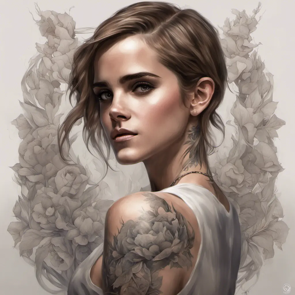 Matte portrait of Emma Watson with tattoos, 8k, Highly Detailed, Powerful, Alluring, Artstation, Magical, Digital Painting, Photo Realistic, Sharp Focus, Volumetric Lighting, Concept Art by Stanley Artgerm Lau, Alphonse Mucha, Greg Rutkowski