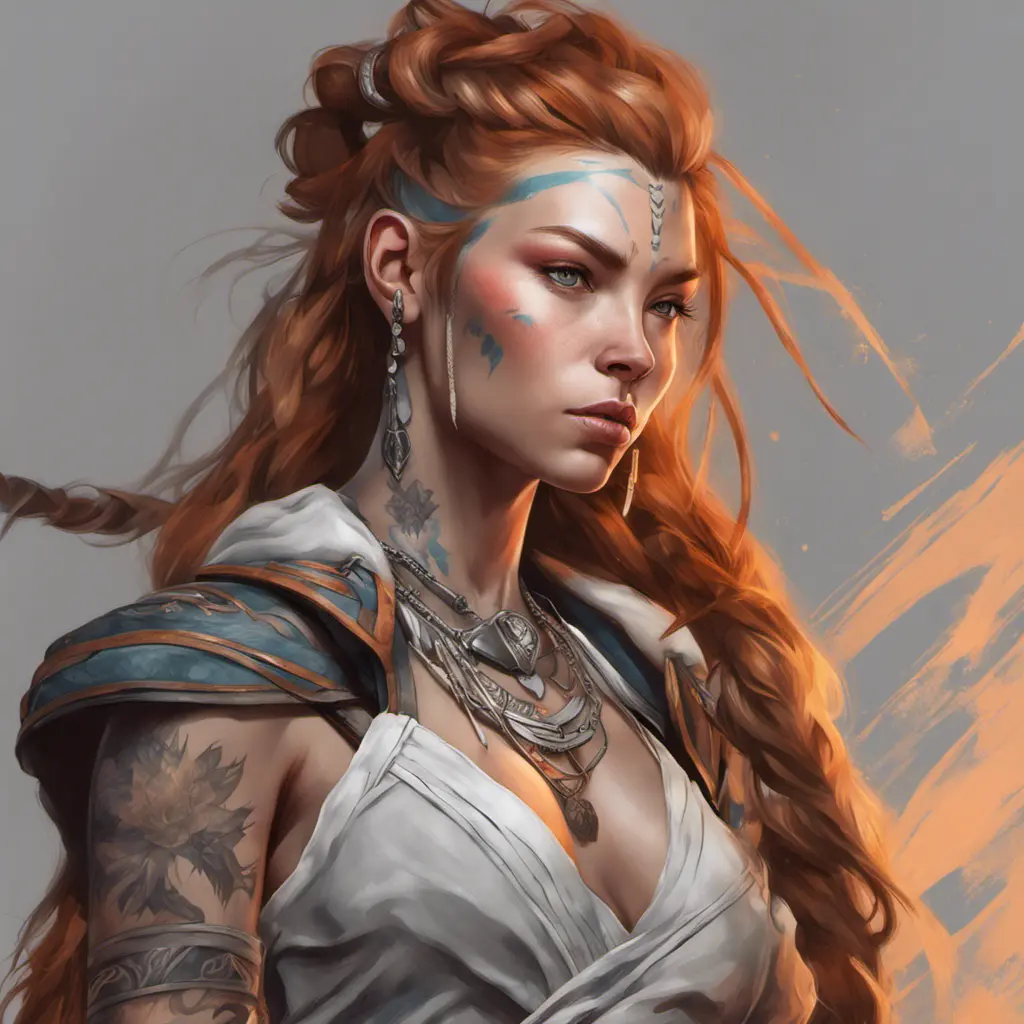 Matte portrait of Aloy with tattoos, 8k, Highly Detailed, Powerful, Alluring, Artstation, Magical, Digital Painting, Photo Realistic, Sharp Focus, Volumetric Lighting, Concept Art by Stanley Artgerm Lau, Alphonse Mucha, Greg Rutkowski