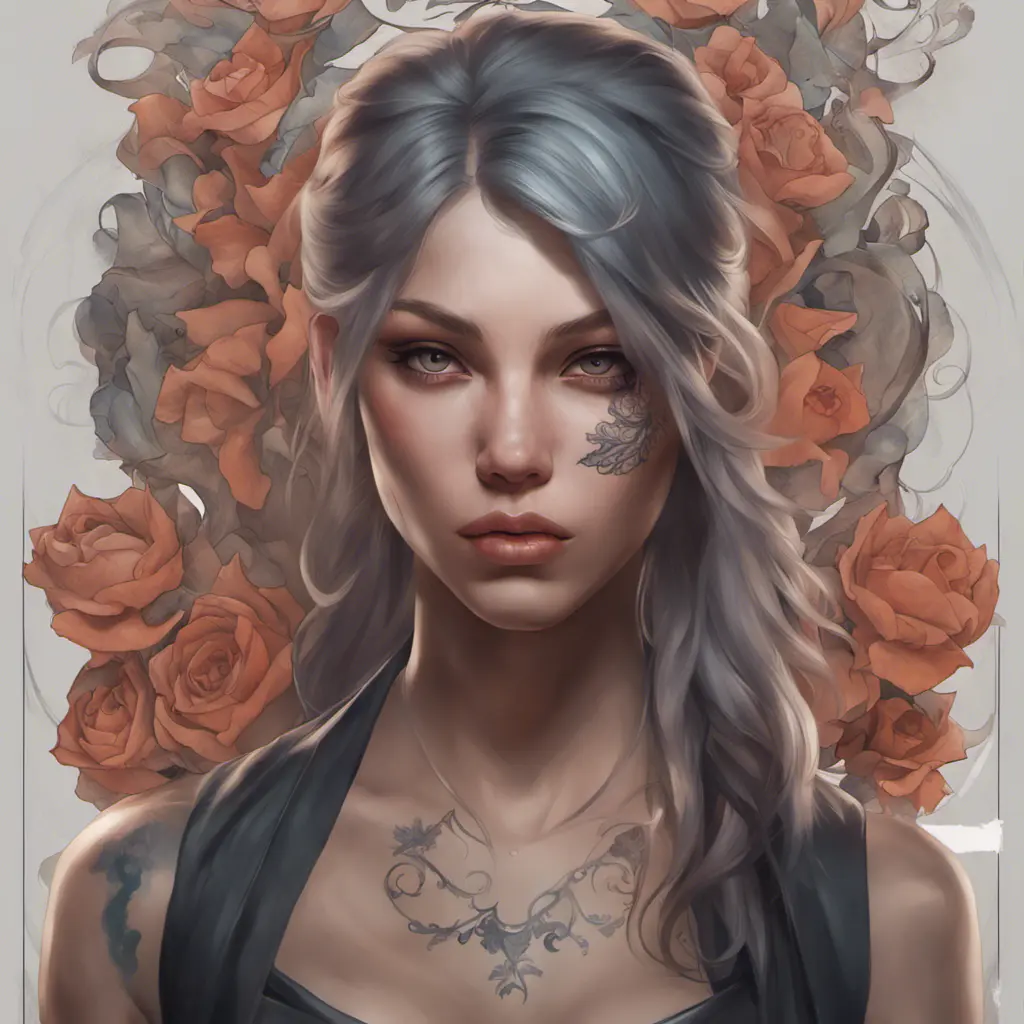 Matte portrait of A2 with tattoos, 8k, Highly Detailed, Powerful, Alluring, Artstation, Magical, Digital Painting, Photo Realistic, Sharp Focus, Volumetric Lighting, Concept Art by Stanley Artgerm Lau, Alphonse Mucha, Greg Rutkowski