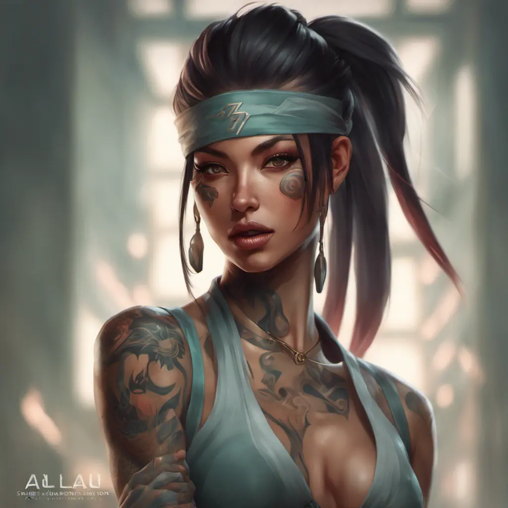 Matte portrait of Akali with tattoos, 8k, Highly Detailed, Powerful, Alluring, Artstation, Magical, Digital Painting, Photo Realistic, Sharp Focus, Volumetric Lighting, Concept Art by Stanley Artgerm Lau, Alphonse Mucha, Greg Rutkowski