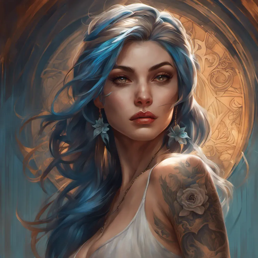 Matte portrait of Sona with tattoos, 8k, Highly Detailed, Powerful, Alluring, Artstation, Magical, Digital Painting, Photo Realistic, Sharp Focus, Volumetric Lighting, Concept Art by Stanley Artgerm Lau, Alphonse Mucha, Greg Rutkowski