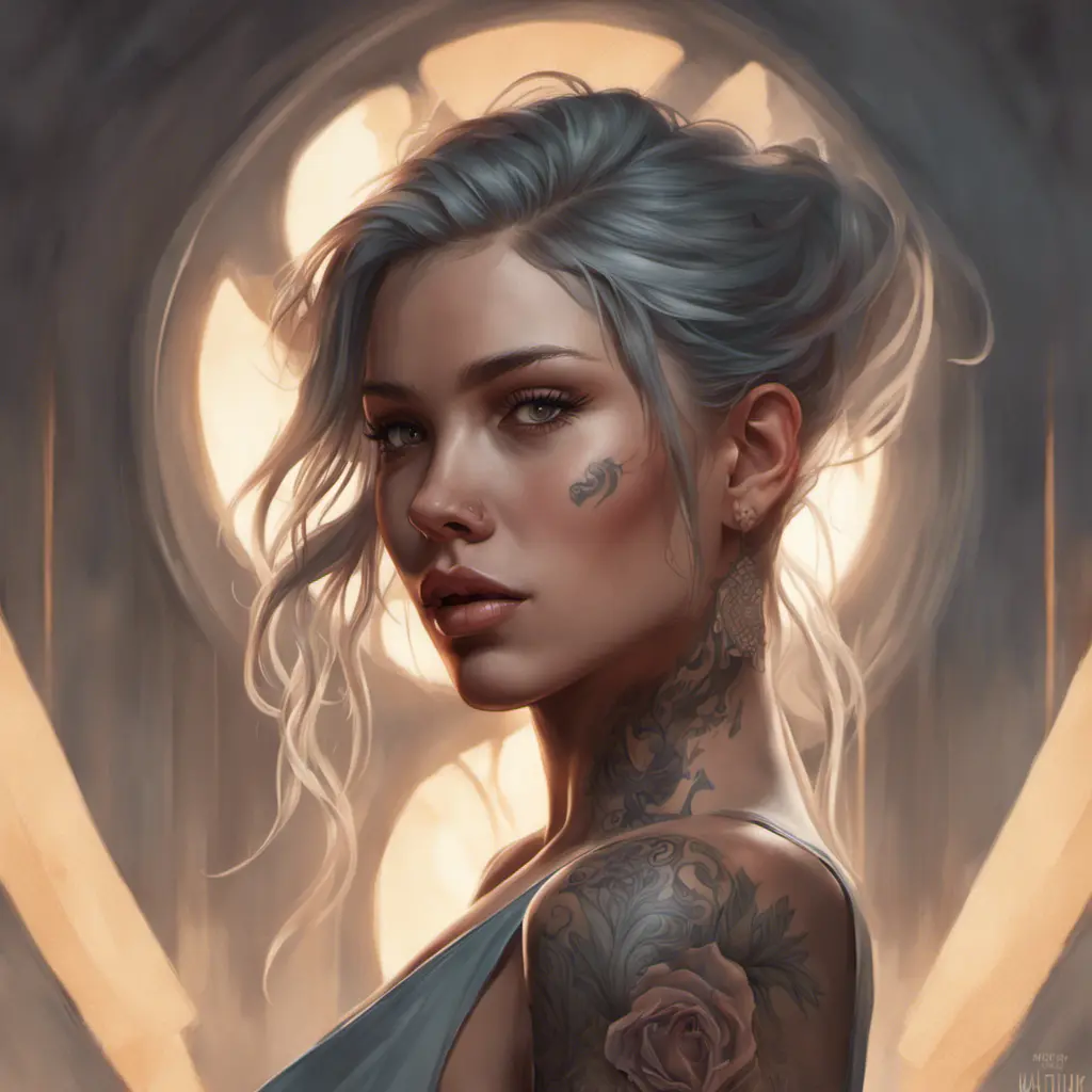 Matte portrait of A2 with tattoos, 8k, Highly Detailed, Powerful, Alluring, Artstation, Magical, Digital Painting, Photo Realistic, Sharp Focus, Volumetric Lighting, Concept Art by Stanley Artgerm Lau, Alphonse Mucha, Greg Rutkowski