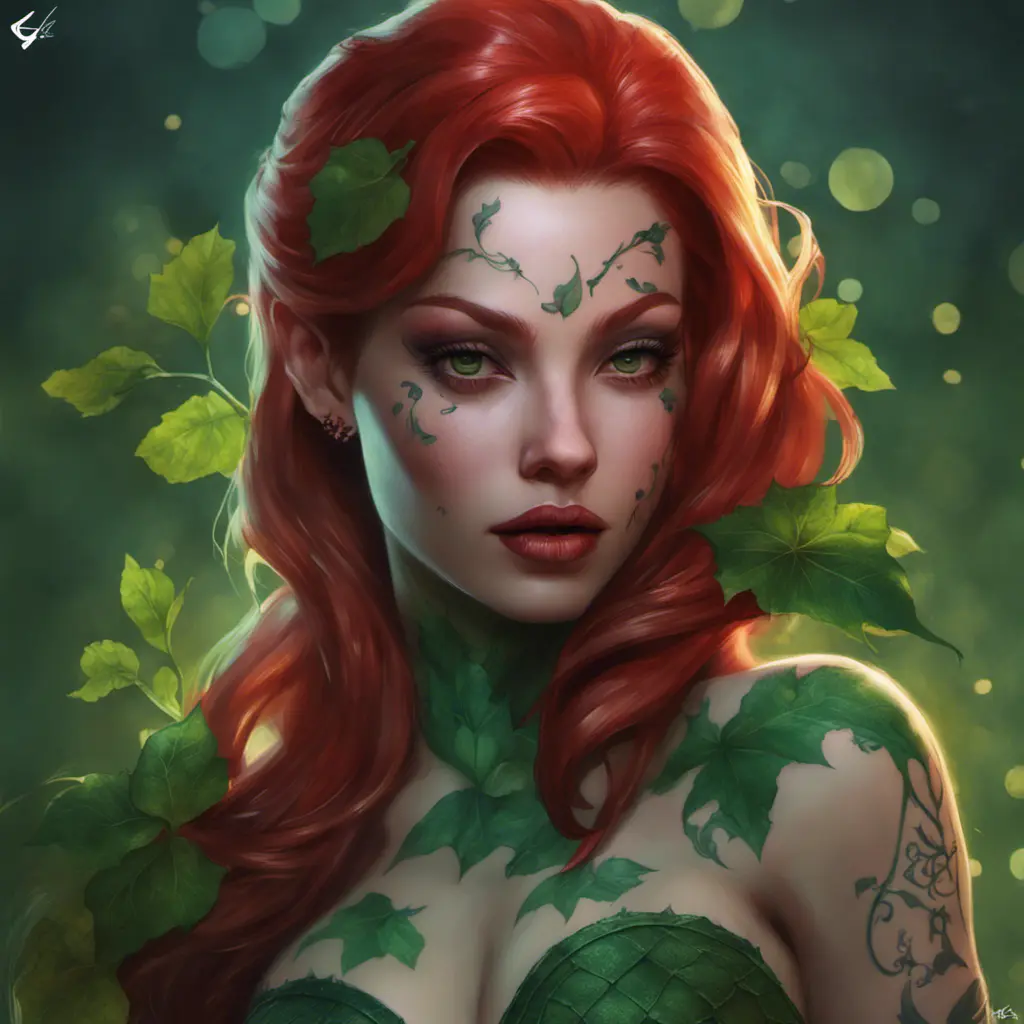 Matte portrait of Poison Ivy with tattoos, 8k, Highly Detailed, Alluring, Artstation, Bokeh effect, Sharp Focus, Volumetric Lighting, Concept Art by Stanley Artgerm Lau, Greg Rutkowski