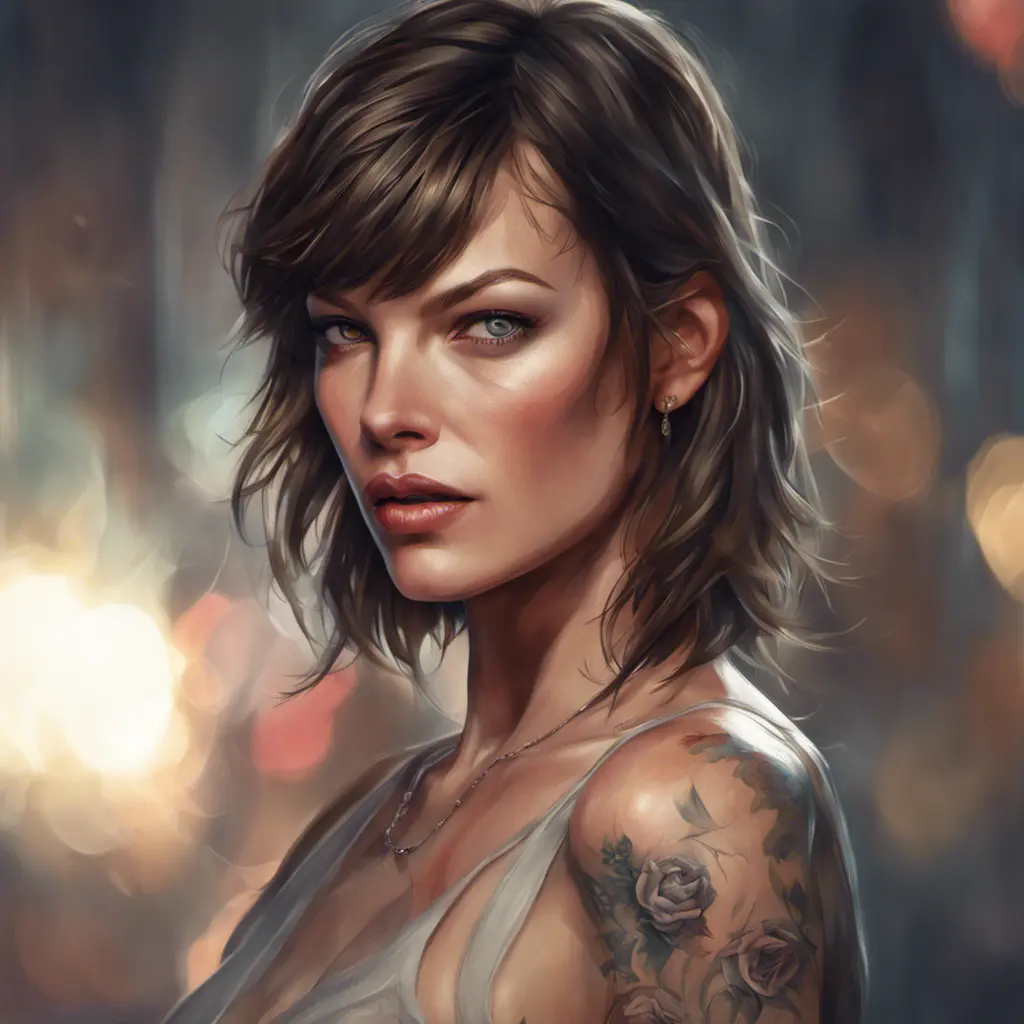 Matte portrait of Milla Jovovich with tattoos, 8k, Highly Detailed, Alluring, Artstation, Bokeh effect, Sharp Focus, Volumetric Lighting, Concept Art by Stanley Artgerm Lau, Greg Rutkowski