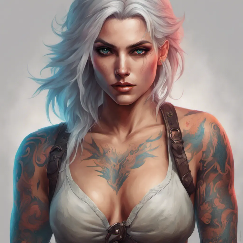 Matte portrait of a colorful tattooed Ciri, 4k, Highly Detailed, Hyper Detailed, Powerful, Artstation, Vintage Illustration, Digital Painting, Sharp Focus, Smooth, Volumetric Lighting, Concept Art by Stanley Artgerm Lau, Greg Rutkowski