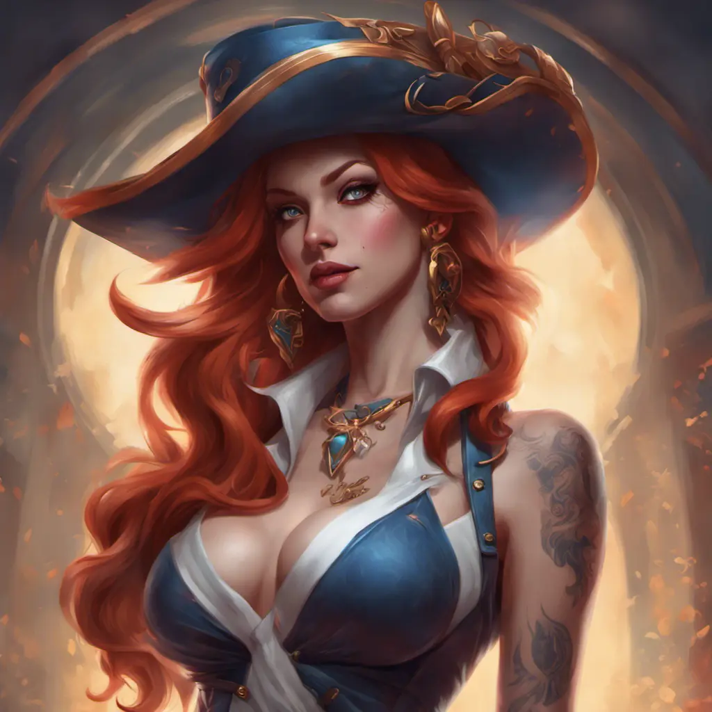 Matte portrait of Miss Fortune with tattoos, 8k, Highly Detailed, Alluring, Artstation, Magical, Digital Painting, Volumetric Lighting, Concept Art by Stanley Artgerm Lau, Alphonse Mucha, Greg Rutkowski