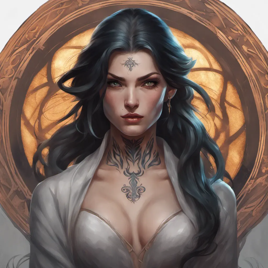 Matte portrait of Morgana with tattoos, 8k, Highly Detailed, Powerful, Alluring, Artstation, Magical, Digital Painting, Photo Realistic, Sharp Focus, Volumetric Lighting, Concept Art by Stanley Artgerm Lau, Alphonse Mucha, Greg Rutkowski