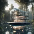 Beautiful futuristic architectural glass house in the forest on a large lake, 8k, Award-Winning, Highly Detailed, Beautiful, Epic, Octane Render, Unreal Engine, Radiant, Volumetric Lighting by Hans Baluschek