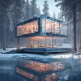 Beautiful futuristic architectural bright glass house in the forest on a giant frozen lake, 8k, Award-Winning, Highly Detailed, Beautiful, Epic, Octane Render, Unreal Engine, Radiant, Volumetric Lighting by Greg Rutkowski