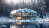 Beautiful futuristic architectural bright lit glass house in the forest on a large frozen lake, 8k, Award-Winning, Highly Detailed, Beautiful, Epic, Octane Render, Unreal Engine, Radiant, Volumetric Lighting by Greg Rutkowski