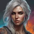 Colorful portrait of a tattooed Ciri with a grey scale face, 4k, Highly Detailed, Hyper Detailed, Powerful, Artstation, Vintage Illustration, Digital Painting, Sharp Focus, Smooth, Concept Art by Stanley Artgerm Lau, Greg Rutkowski
