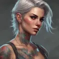 Colorful portrait of a tattooed Ciri with a grey scale face, 4k, Highly Detailed, Hyper Detailed, Powerful, Artstation, Vintage Illustration, Digital Painting, Sharp Focus, Smooth, Concept Art by Stanley Artgerm Lau, Greg Rutkowski