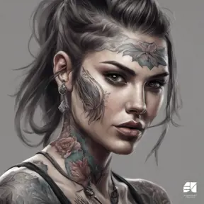 Colorful portrait of a tattooed Kassandra with a grey scale face, 4k, Highly Detailed, Hyper Detailed, Powerful, Artstation, Vintage Illustration, Digital Painting, Sharp Focus, Smooth, Concept Art by Stanley Artgerm Lau, Greg Rutkowski