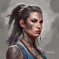Colorful portrait of a tattooed Kassandra with a grey scale face, 4k, Highly Detailed, Hyper Detailed, Powerful, Artstation, Vintage Illustration, Digital Painting, Sharp Focus, Smooth, Concept Art by Stanley Artgerm Lau, Greg Rutkowski