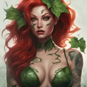 Matte portrait of Poison Ivy with tattoos, 8k, Highly Detailed, Alluring, Artstation, Bokeh effect, Sharp Focus, Volumetric Lighting, Concept Art by Stanley Artgerm Lau, Greg Rutkowski