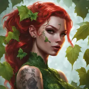 Matte portrait of Poison Ivy with tattoos, 8k, Highly Detailed, Alluring, Artstation, Bokeh effect, Sharp Focus, Volumetric Lighting, Concept Art by Stanley Artgerm Lau, Greg Rutkowski