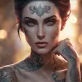 Matte portrait of Morgana with tattoos, 8k, Highly Detailed, Alluring, Artstation, Bokeh effect, Sharp Focus, Volumetric Lighting, Concept Art by Stanley Artgerm Lau, Greg Rutkowski