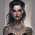 Matte portrait of Morgana with tattoos, 8k, Highly Detailed, Alluring, Artstation, Bokeh effect, Sharp Focus, Volumetric Lighting, Concept Art by Stanley Artgerm Lau, Greg Rutkowski