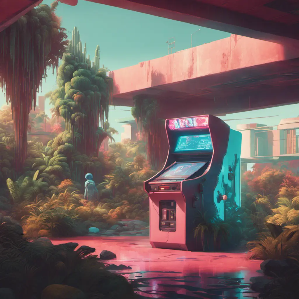 80s futuristic outdoor retro arcade, desolate, lush vegetation, Highly Detailed, Intricate, Artstation, Sharp Focus, Smooth, Octane Render, Centered, Dynamic, Elegant by Beeple, Justin Gerard, James Gilleard, Simon Stalenhag