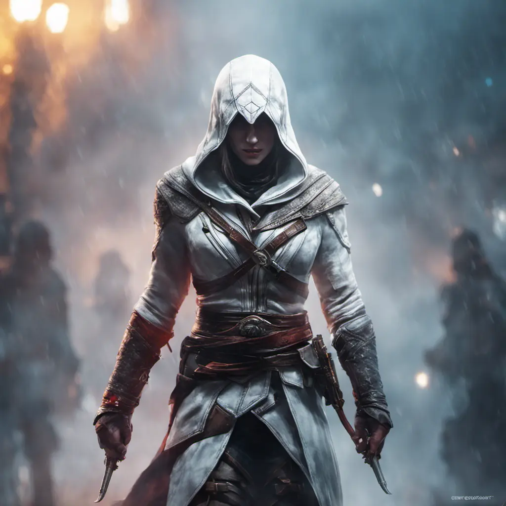 White hooded Assassin's Creed female assassin emerging from the fog of battle, 8k, Bokeh effect, Volumetric Lighting, Vibrant Colors, Fantasy, Dark by Greg Rutkowski, Stefan Kostic