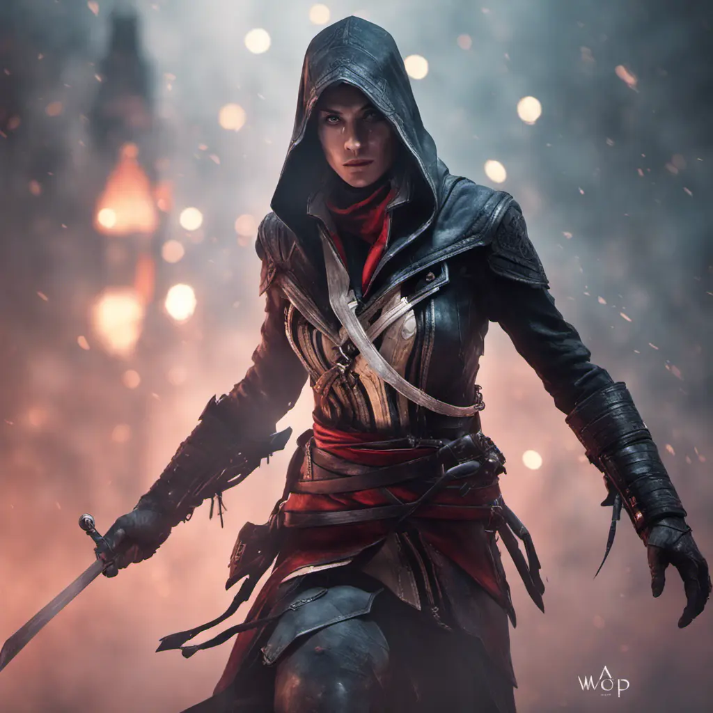 Assassin's Creed female assassin emerging from the fog of battle, 8k, Bokeh effect, Volumetric Lighting, Vibrant Colors, Fantasy, Dark by WLOP, Stefan Kostic