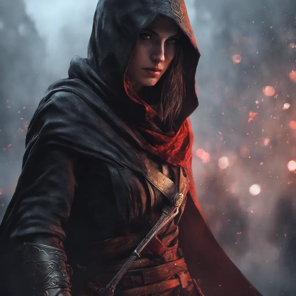 Assassin's Creed female assassin emerging from the fog of battle, 8k, Bokeh effect, Volumetric Lighting, Vibrant Colors, Fantasy, Dark by WLOP, Stefan Kostic