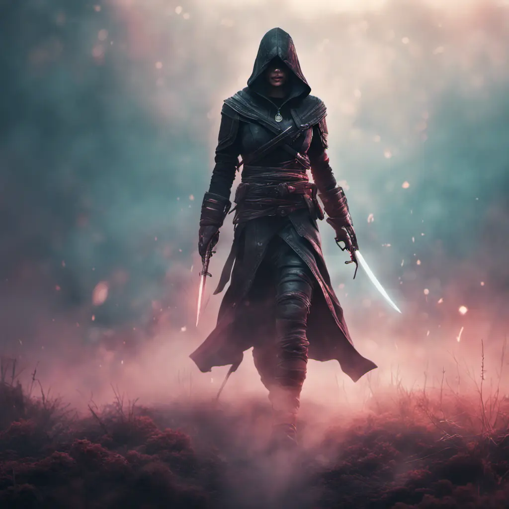 Black hooded Assassin's Creed female assassin emerging from the fog of battle, 8k, Bokeh effect, Volumetric Lighting, Vibrant Colors, Fantasy, Dark by Beeple, Stefan Kostic