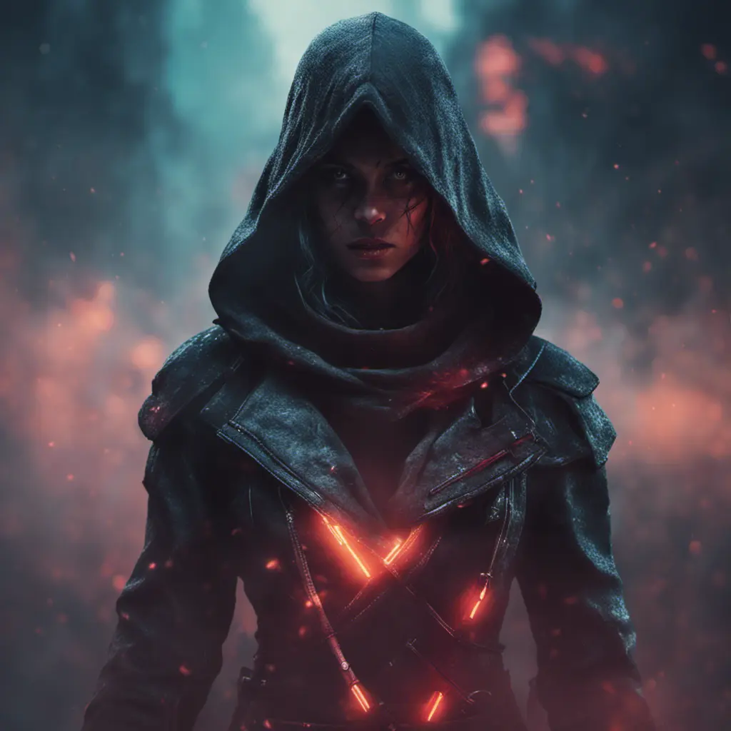 Black hooded Assassin's Creed female assassin emerging from the fog of battle, 8k, Bokeh effect, Volumetric Lighting, Vibrant Colors, Fantasy, Dark by Beeple, Stefan Kostic