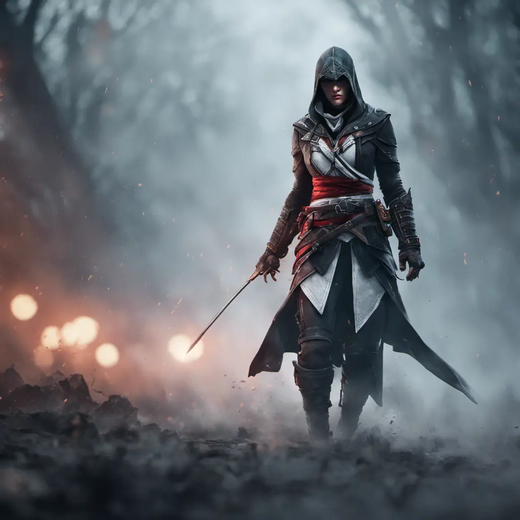 Assassin's Creed female assassin emerging from the fog of battle, 8k, Bokeh effect, Volumetric Lighting, Vibrant Colors, Fantasy, Dark by WLOP, Stefan Kostic