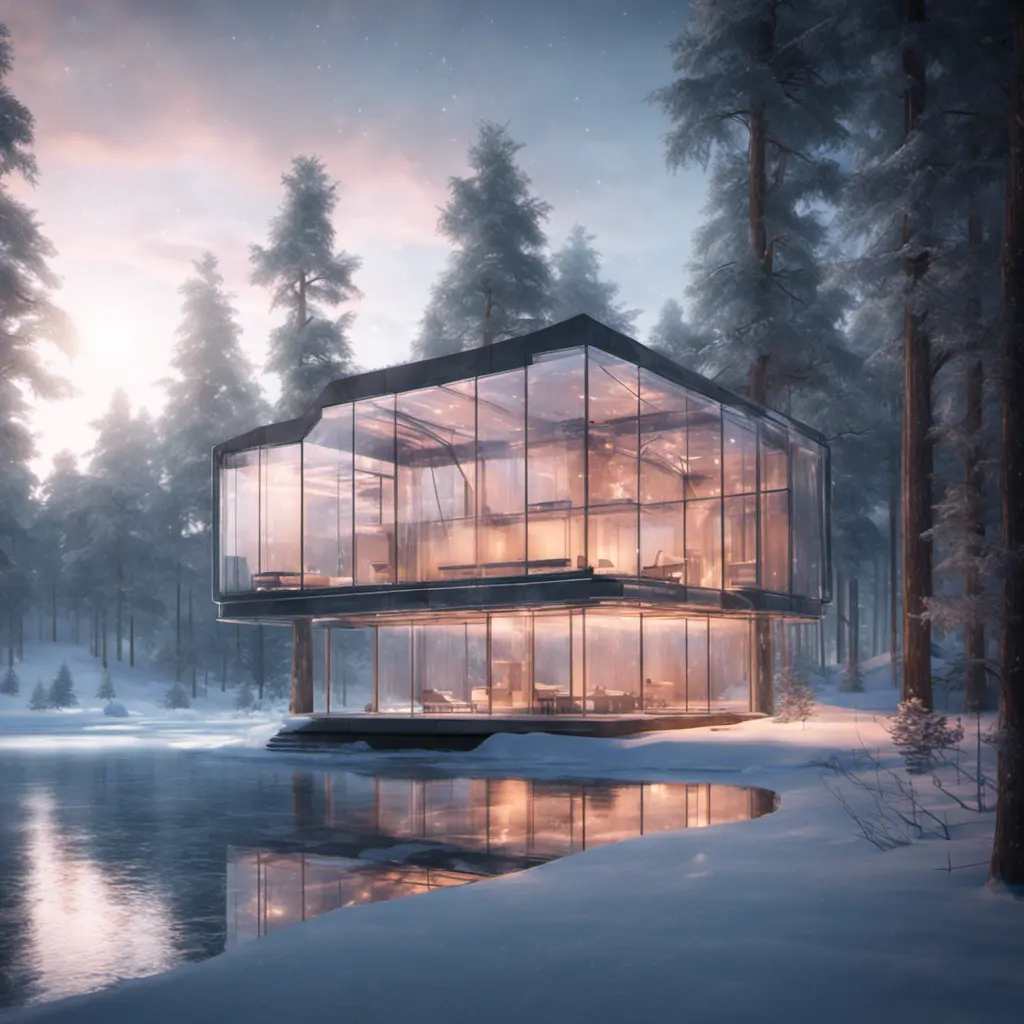 Beautiful futuristic architectural bright lit glass house in the forest on a large frozen lake, 8k, Award-Winning, Highly Detailed, Beautiful, Epic, Octane Render, Unreal Engine, Radiant, Volumetric Lighting by Greg Rutkowski