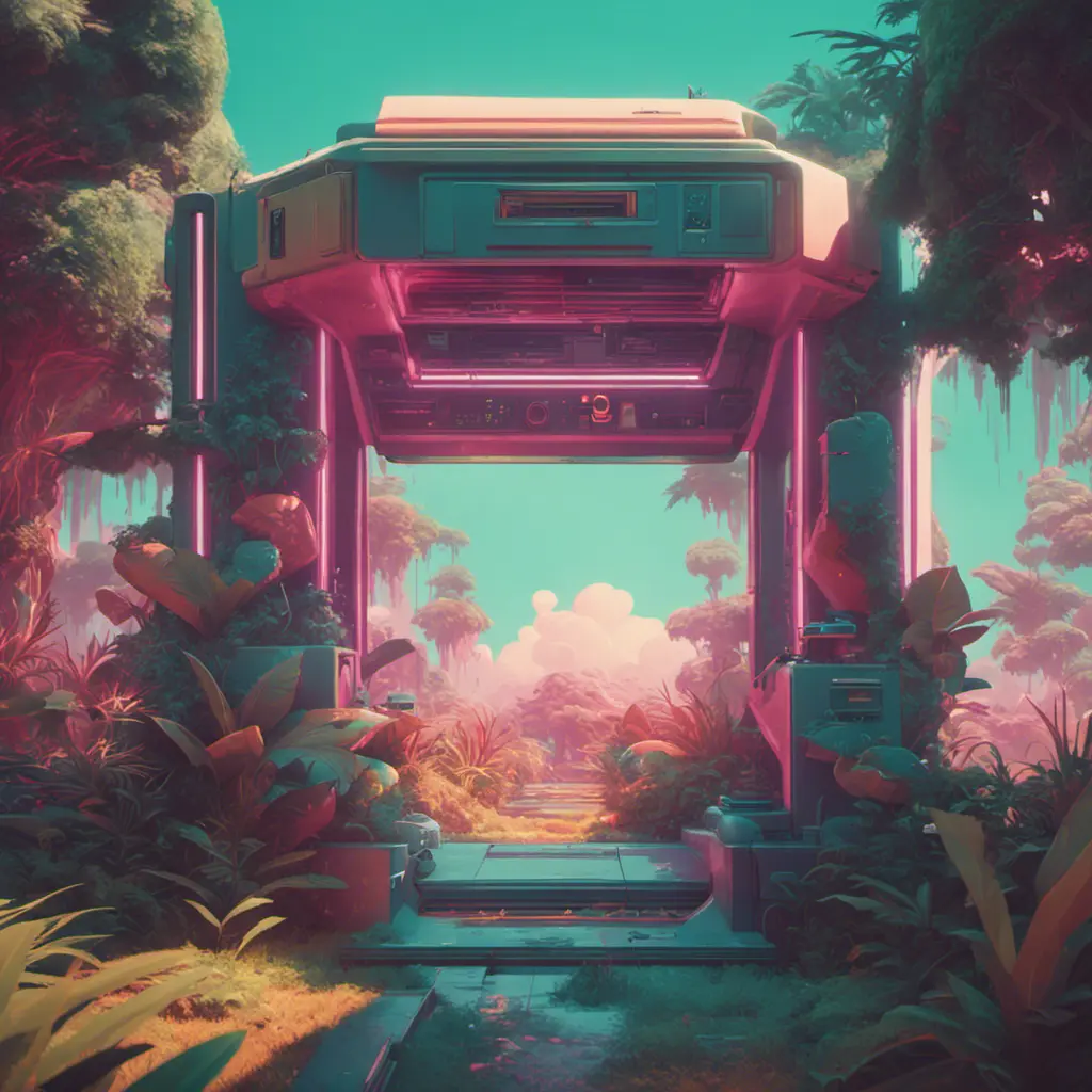 80s futuristic outdoor retro arcade, desolate, lush vegetation, Highly Detailed, Intricate, Artstation, Sharp Focus, Smooth, Octane Render, Centered, Dynamic, Elegant by Beeple, Justin Gerard, James Gilleard, Simon Stalenhag