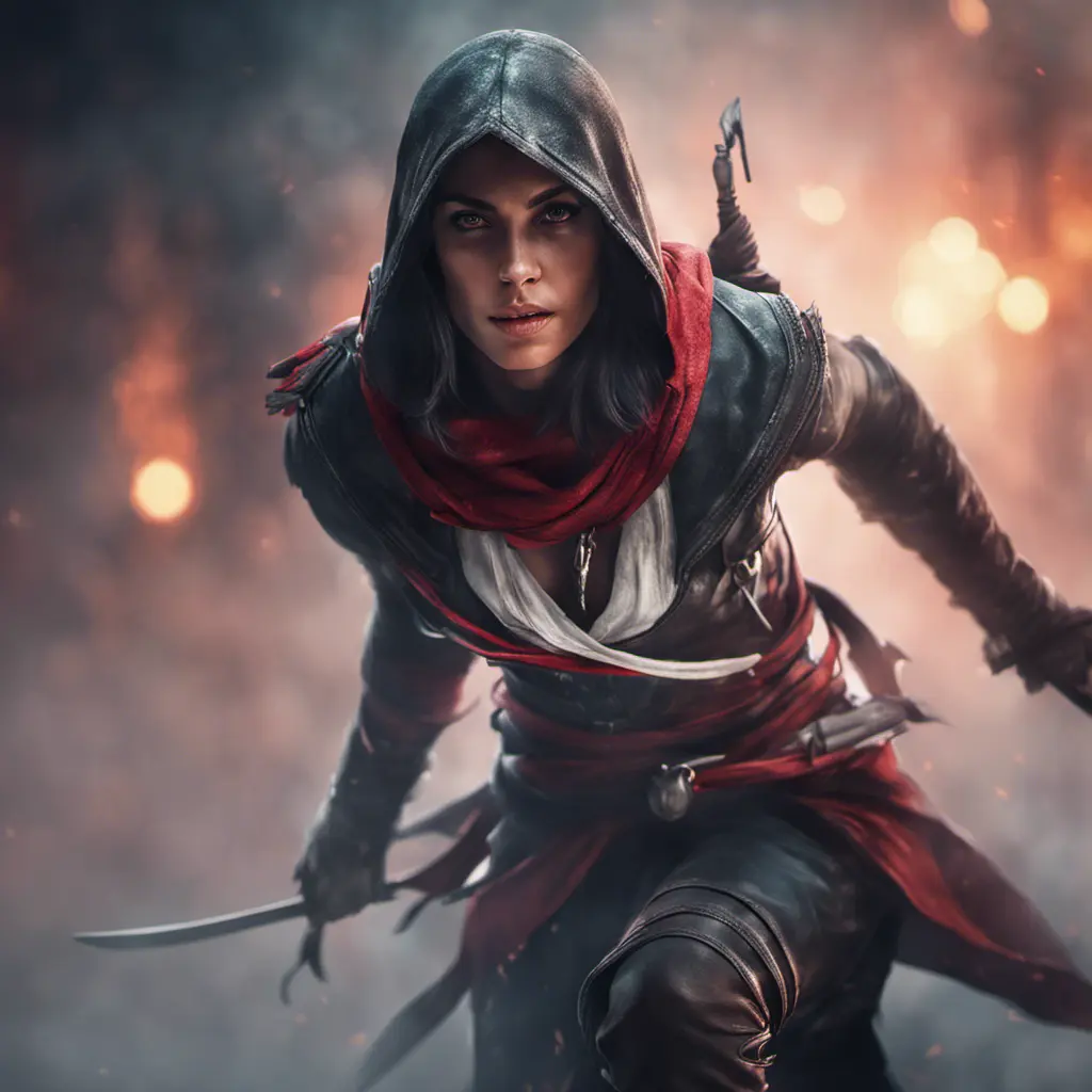 Assassin's Creed female assassin emerging from the fog of battle, 8k, Bokeh effect, Volumetric Lighting, Vibrant Colors, Fantasy, Dark by Stanley Artgerm Lau, Stefan Kostic