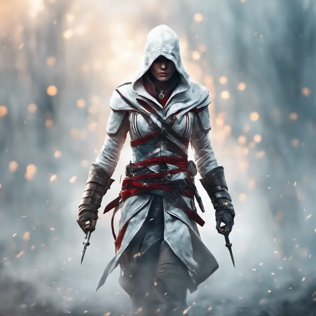 White hooded Assassin's Creed female assassin emerging from the fog of battle, 8k, Bokeh effect, Volumetric Lighting, Vibrant Colors, Fantasy, Dark by Greg Rutkowski, Stefan Kostic