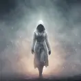 White hooded female assassin emerging from the fog of war, 8k, Bokeh effect, Volumetric Lighting, Vibrant Colors, Fantasy, Dark by Andy Fairhurst