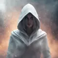 White hooded female assassin emerging from the fog of war, 8k, Bokeh effect, Volumetric Lighting, Vibrant Colors, Fantasy, Dark by Andy Fairhurst