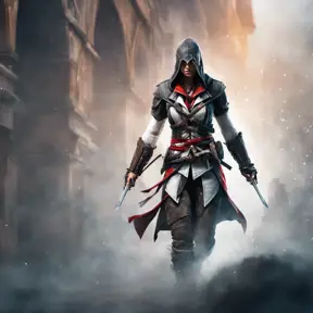 Assassin's Creed female assassin emerging from the fog of battle, 8k, Bokeh effect, Volumetric Lighting, Vibrant Colors, Fantasy, Dark by Stanley Artgerm Lau, Stefan Kostic