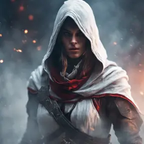 White hooded Assassin's Creed female assassin emerging from the fog of battle, 8k, Bokeh effect, Volumetric Lighting, Vibrant Colors, Fantasy, Dark by Greg Rutkowski, Stefan Kostic