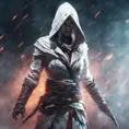 White hooded Assassin's Creed female assassin emerging from the fog of battle, 8k, Bokeh effect, Volumetric Lighting, Vibrant Colors, Fantasy, Dark by Greg Rutkowski, Stefan Kostic
