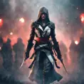 Assassin's Creed female assassin emerging from the fog of battle, 8k, Bokeh effect, Volumetric Lighting, Vibrant Colors, Fantasy, Dark by WLOP, Stefan Kostic