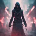Black hooded Assassin's Creed female assassin emerging from the fog of battle, 8k, Bokeh effect, Volumetric Lighting, Vibrant Colors, Fantasy, Dark by Beeple, Stefan Kostic