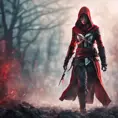 Red hooded Assassin's Creed female assassin emerging from the fog of battle, 8k, Bokeh effect, Volumetric Lighting, Vibrant Colors, Fantasy, Dark by Stefan Kostic