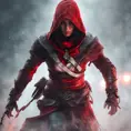 Red hooded Assassin's Creed female assassin emerging from the fog of battle, 8k, Bokeh effect, Volumetric Lighting, Vibrant Colors, Fantasy, Dark by Stefan Kostic