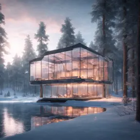 Beautiful futuristic architectural bright lit glass house in the forest on a large frozen lake, 8k, Award-Winning, Highly Detailed, Beautiful, Epic, Octane Render, Unreal Engine, Radiant, Volumetric Lighting by Greg Rutkowski